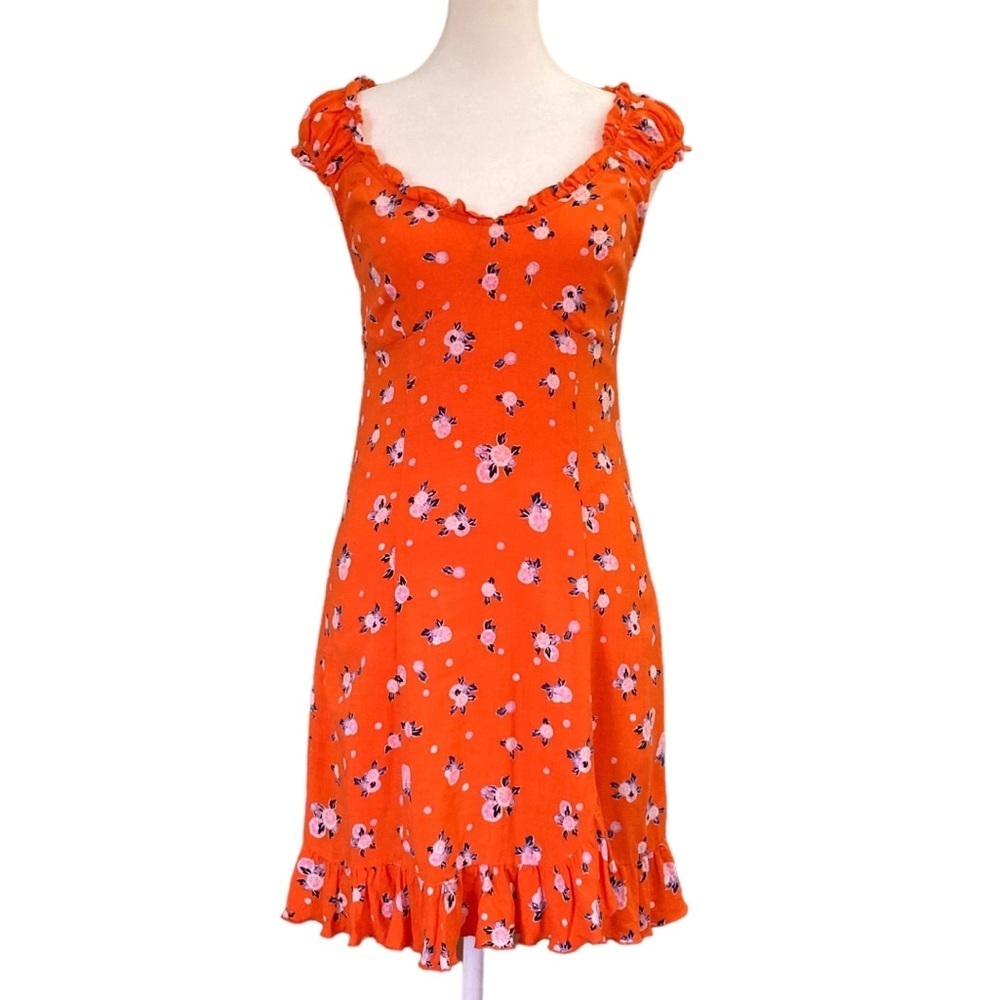 Free People Dress Like A Lady Orange Floral Open Back Mini Ruffle Hem (Size S)
